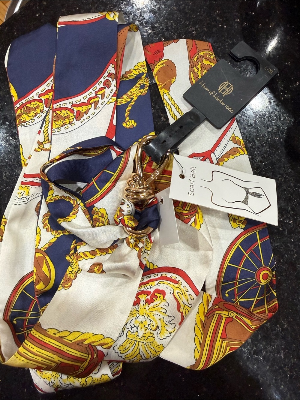 House of Harlow 1960 Navy, White & Gold Silk Scarf Belt